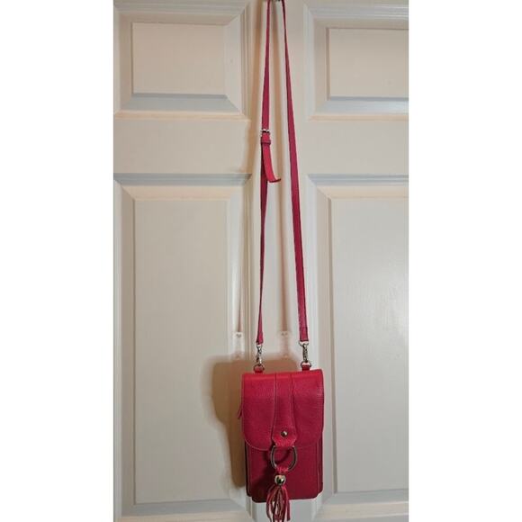 Genuine Pebble Leather Crossbody DK Pink 9"x5" Wallet  Phone Case 48" Strap New - Picture 2 of 10